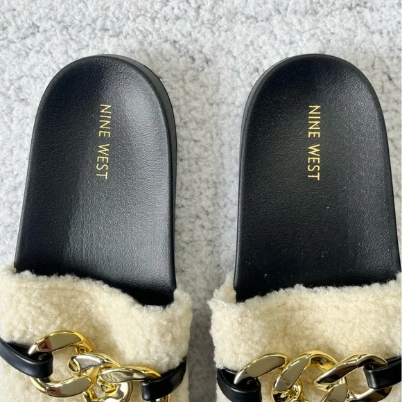 NEW Women's Nine West Cream Faux Fur Slip On Sandals Size 9 M - Picture 2 of 7